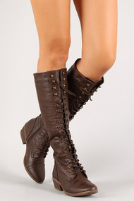 Lace Up Chunky Heel Knee High Military Boot