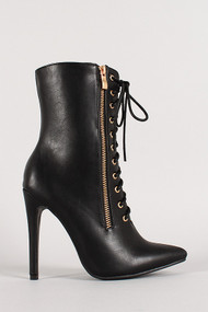 Leatherette Zipper Lace Up Pointy Toe Bootie