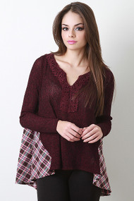 Crochet V-neck Knit Plaid Top