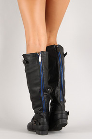 Contrast Zipper Buckle Knee High Riding Boot