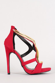 Nubuck Curved Metallic Plate Strappy Open Toe Heel