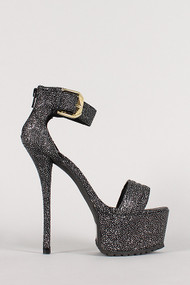 Glitter Pebbled Buckled Platform Open Toe Heel