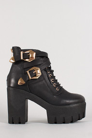 Buckle Lug Sole Platform Military Lace Up Bootie