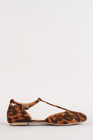 Leopard T-Strap Round Toe Flat