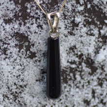 Handmade Whitby Jet cylindrical drop pendant with 9ct gold chain