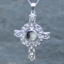 Large hand crafted sterling silver and Derbyshire Blue John Celtic cross necklace