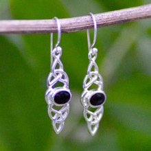 Hand crafted sterling silver drop earrings with Whitby Jet and double trinity knot
