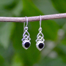 Dainty 925 silver dangly earrings with round hand cut black stone