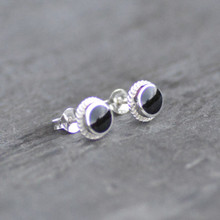 Small round Whitby Jet and sterling silver rope edge stud earrings
