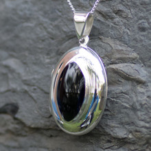 Large sterling silver and Whitby Jet marquise locket pendant