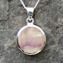 Hand crafted round natural Derbyshire blue john and 925 sterling silver necklace