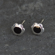 Hand crafted contemporary sterling silver stud earrings with round Whitby Jet 