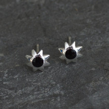 Contemporary sterling silver star stud earrings with hand carved Whitby Jet