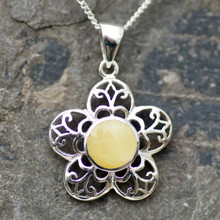Hand crafted butterscotch amber and 925 sterling silver floral necklace