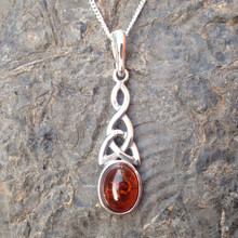 Cognac amber and sterling silver large Celtic pendant
