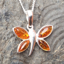 Natural cognac amber and 925 sterling silver multi stone butterfly necklace