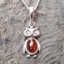 Natural Baltic Cognac amber and 925 sterling silver little owl necklace