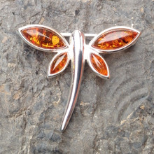 Cognac amber and 925 sterling silver dragonfly brooch