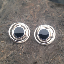 Large hand crafted Whitby Jet and 925 silver round spiral stud earrings
