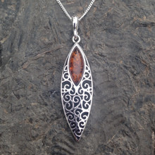 Modern long filigree marquise sterling silver pendant with cognac amber stone