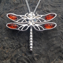 Sterling silver dragonfly pendant with cognac amber stones