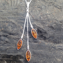 Sterling silver cognac amber three stone marquise pendant