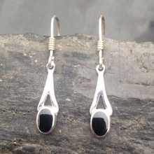 Small sterling silver and Whitby Jet wishbone drop earrings