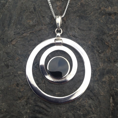 Large sterling silver circles pendant with round Whitby Jet stone
