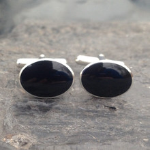 Sterling silver swivel bar cufflinks with oval Whitby Jet stones