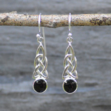 Long 925 silver Celtic earrings  with round Whitby Jet stones