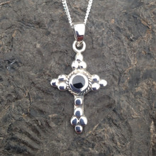 Sterling silver beaded cross pendant with round Whitby Jet stone