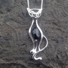 Large sterling silver cat pendant with Whitby Jet cabochon