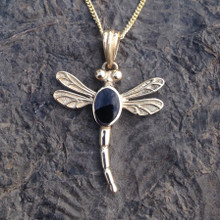 Hand crafted Whitby Jet and 9ct gold dragonfly pendant on gold chain