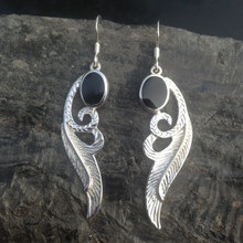 Large hand crafted sterling silver and Whitby Jet feather drop earrings