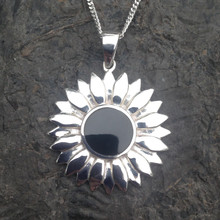 Large sterling silver sunflower pendant with Whitby Jet