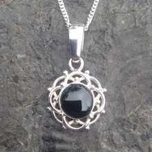 Whitby Jet sterling silver round frill and bead cabochon pendant