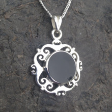 Fancy sterling silver necklace with round Whitby Jet stone and classic scroll edge