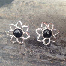 Large sterling silver floral stud earrings with hand cut Whitby Jet cabochon