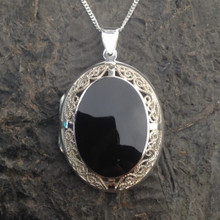 Extra large 925 sterling silver fancy locket with oval Whitby Jet stone