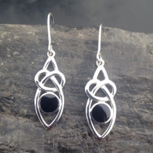 Hand crafted sterling silver marquise shaped Celtic drop earrings with circular Whitby Jet stones