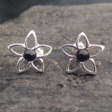 Large open petal Whitby Jet sterling silver flower stud earrings