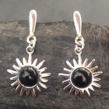 Contemporary sterling silver sun earrings with round Whitby Jet cabochons