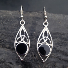 Large Celtic Trinity Knot marquise sterling silver and Whitby Jet drop earrings