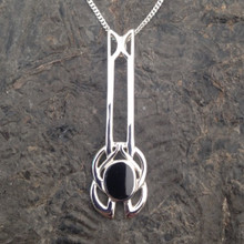 Long straight Celtic sterling silver and Whitby Jet pendant with fixed bail