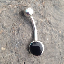 Circular stone Whitby Jet and 925 silver stainless steel belly button bar
