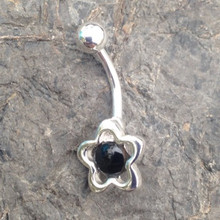 Contemporary sterling silver stainless steel Whitby Jet open flower belly bar