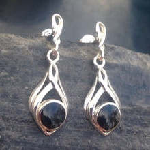 Sterling silver double loop drop earrings with round Whitby Jet stones