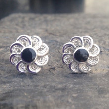 Large circular 925 silver filigree flower stud earrings with Whitby Jet