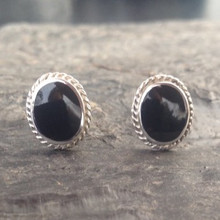 Hand crafted Medium oval Whitby Jet and sterling silver rope edge stud earrings