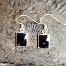 Small hand carved rectangular Whitby Jet and 925 sterling silver drop earrings